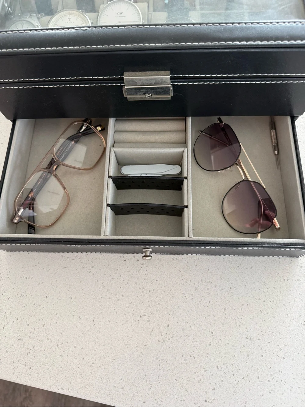 Black Leather Travel Accessory Case with Silver Hardware